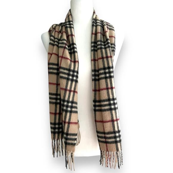 Burberry Cashmere Check Plaid Fringe Rectangle Classic Scarf Beige Tan Black Red - Picture 2 of 6
